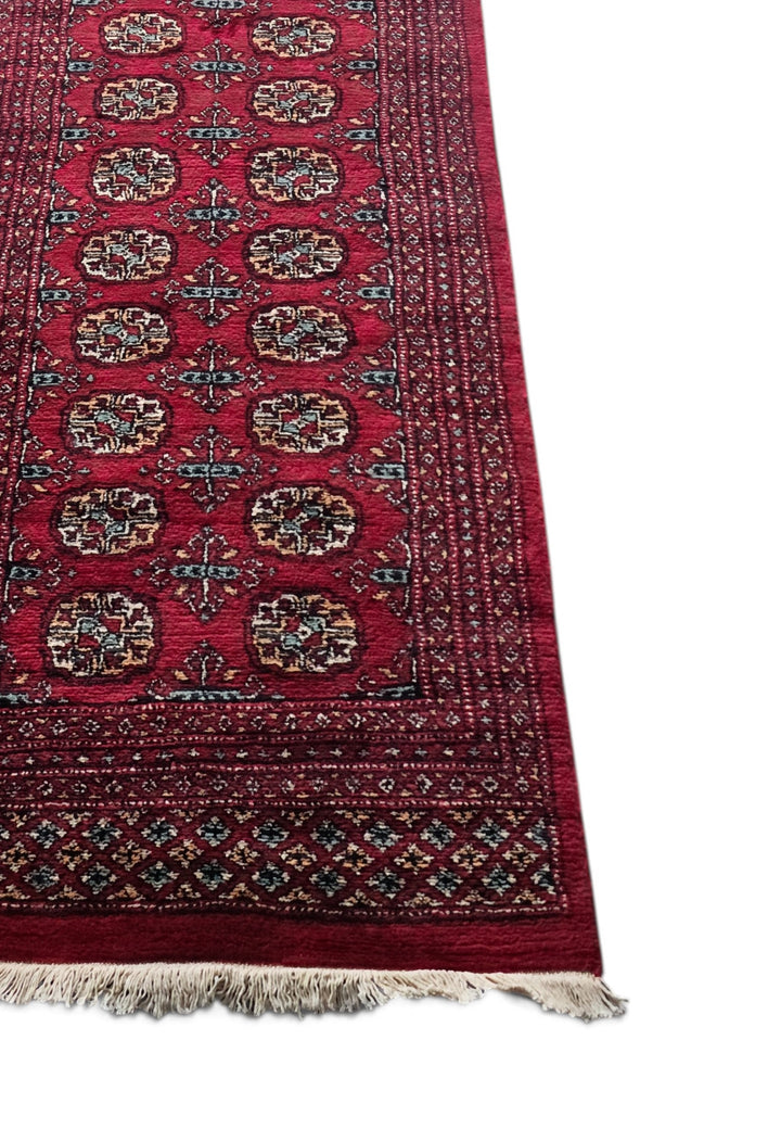 Wine Red Turkmen Gül Bokhara Rug, Hand-Knotted Wool