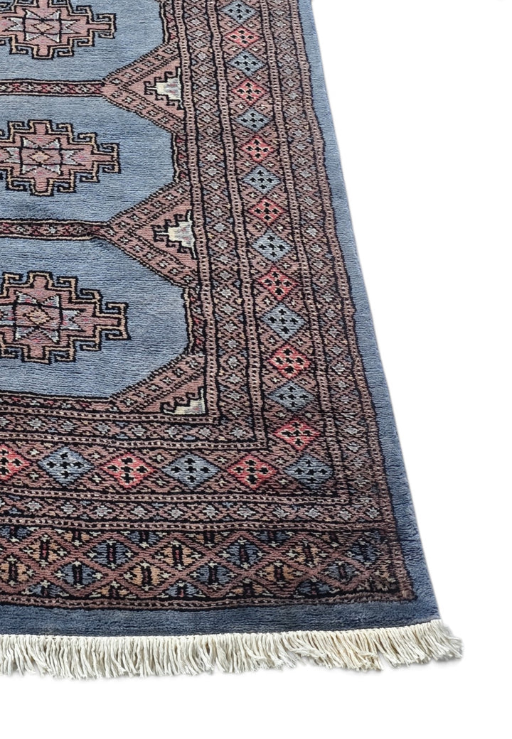 Dusty Blue and Rose Turkmen Gül Bokhara, Hand-Knotted Wool Rug