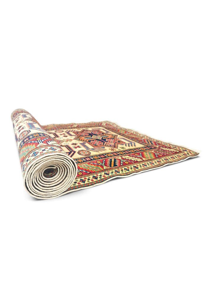 Ivory and Red Hooked Star Medallion Rug, Hand-Knotted Sherwan