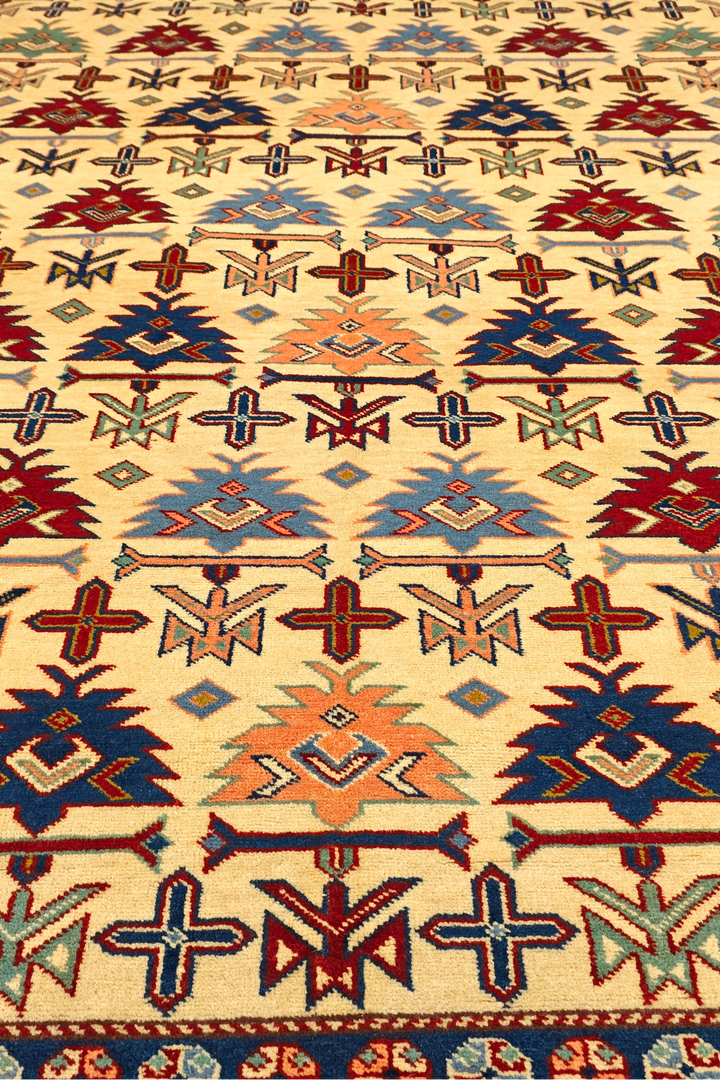 Ivory Caucasian Tribal Rug, Hand-Knotted Afghani Sherwan