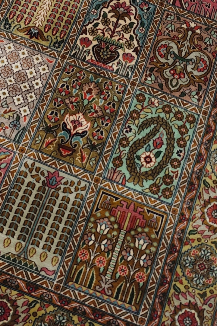 Taupe and Cream Khesti Garden Panel, Hand-Knotted Silk Rug