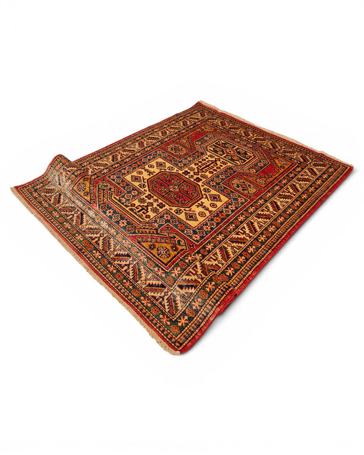 Red &amp; Gold Octagon Kazak Rug, Hand-Knotted Afghan Wool