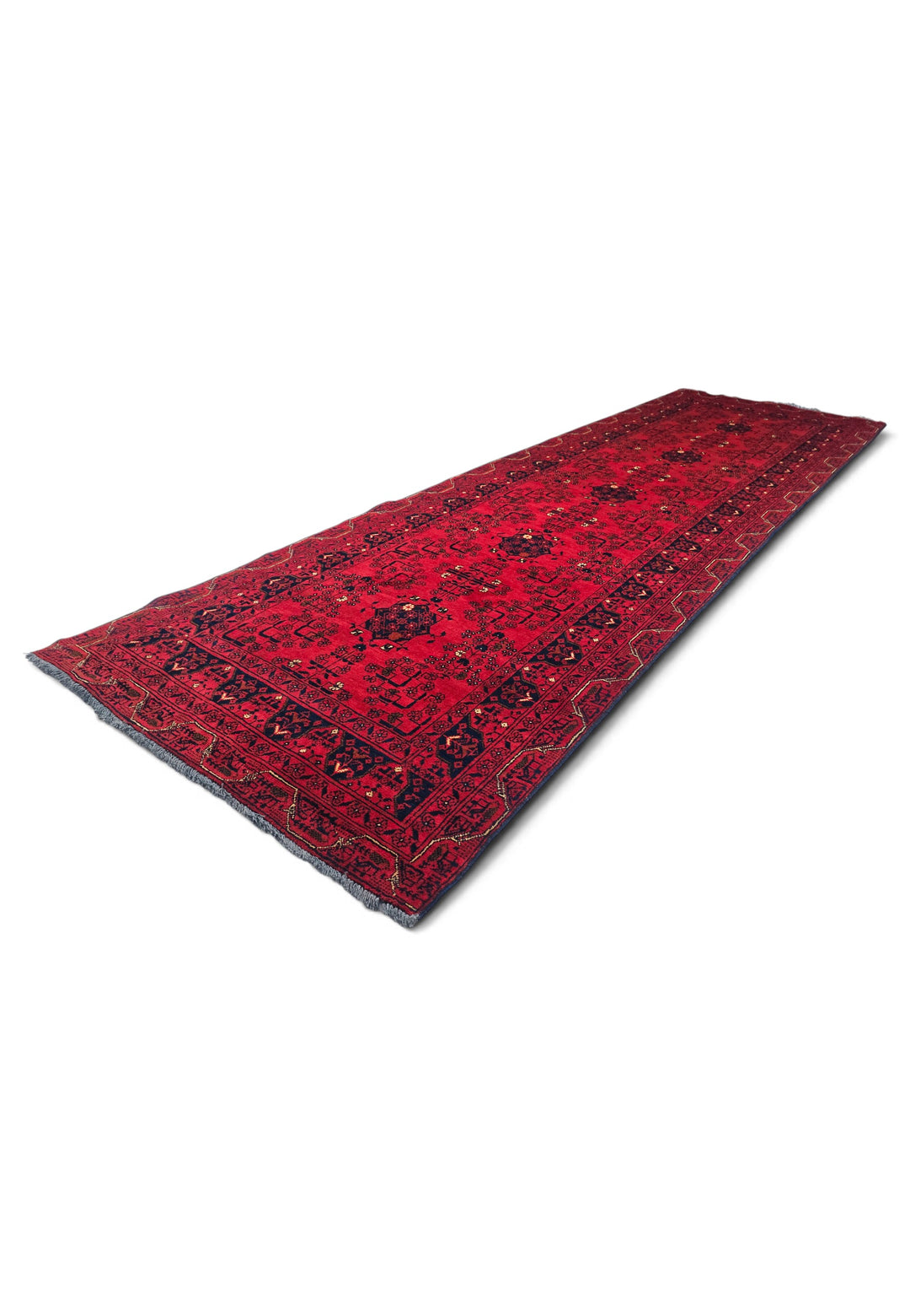 Bright Red and Navy Khan Muhammadi Runner, Hand-Knotted Wool