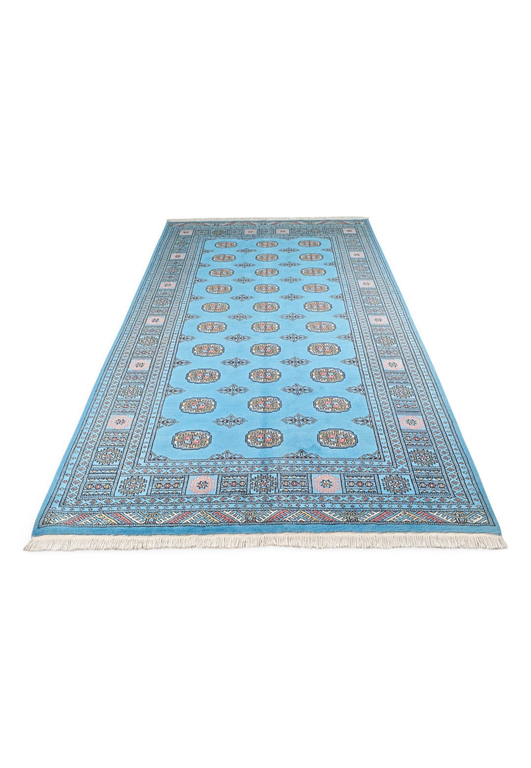 Turquoise and Ivory Turkmen Gül Bokhara, Hand-Knotted Wool Rug