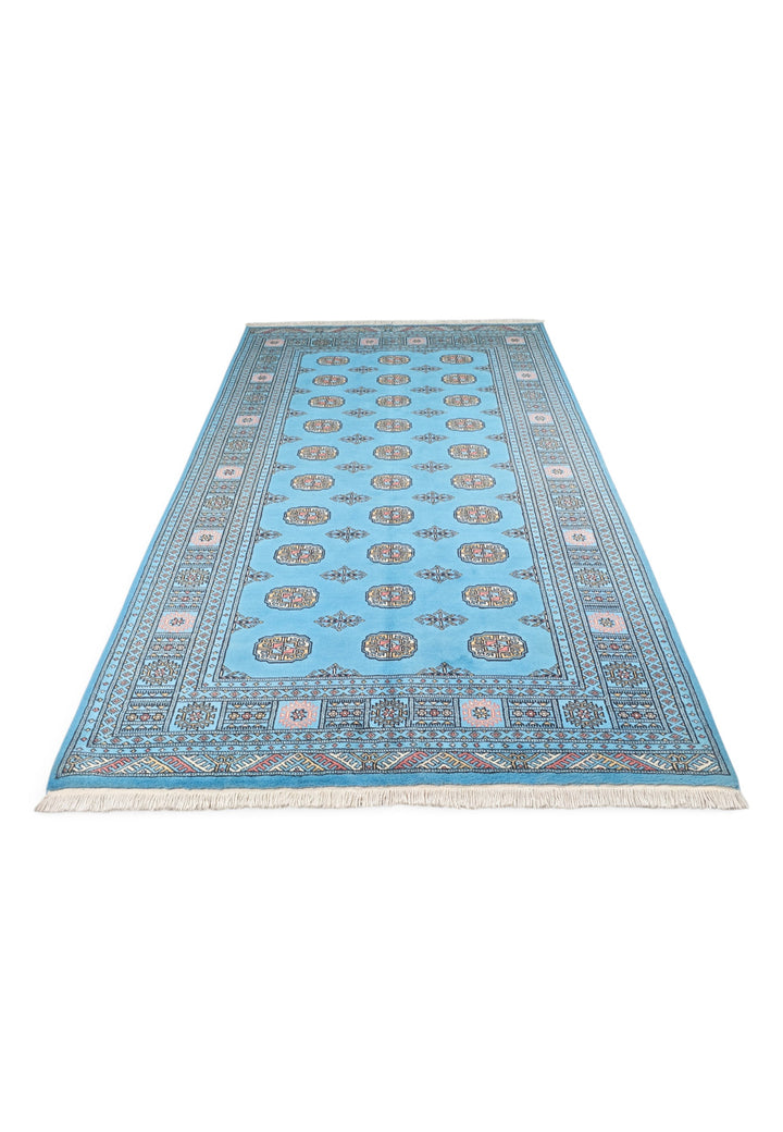 Turquoise and Ivory Turkmen Gül Bokhara, Hand-Knotted Wool Rug