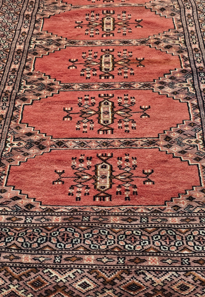 Salmon and Ivory Turkmen Gül Bokhara, Hand-Knotted Wool Rug