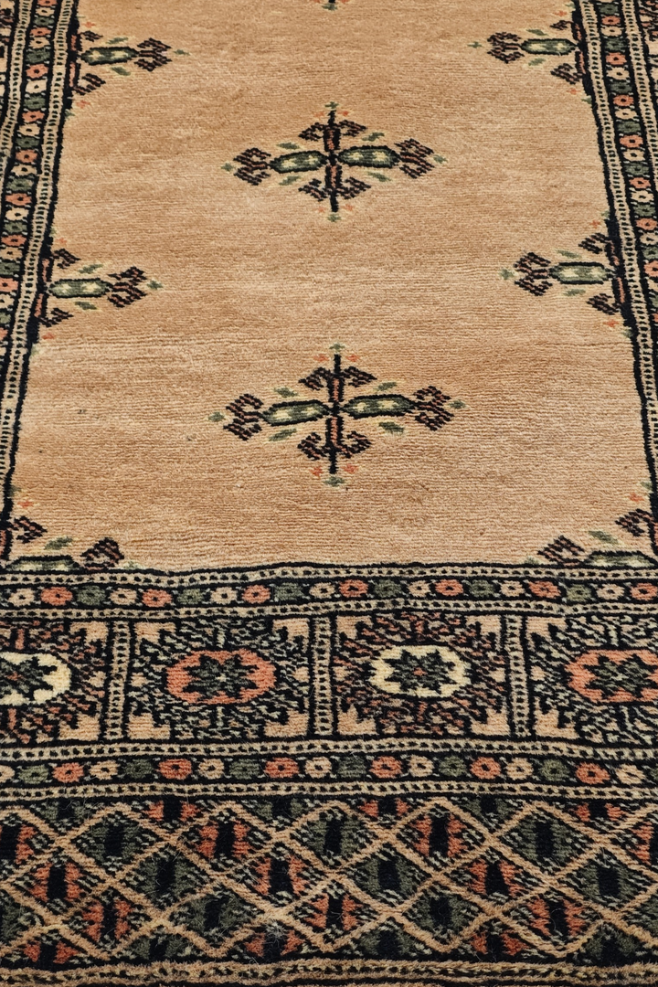 Camel and Espresso Open Field Bokhara, Hand-Knotted Wool Rug