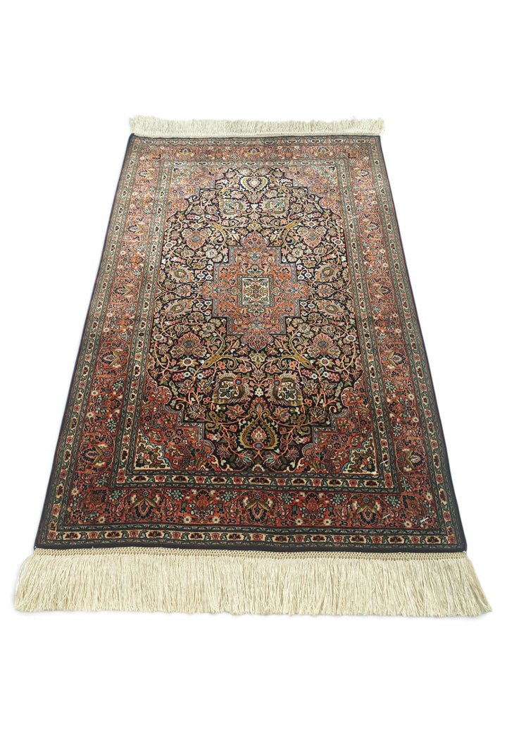 Dark Brown and Brick Red Stepped Medallion, Hand-Knotted Silk Rug