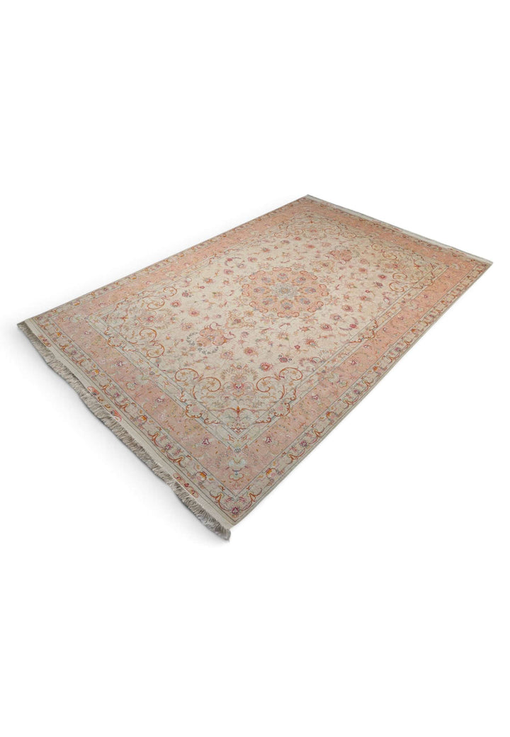 Ivory and Peach Scrolling Leaf Medallion Tabriz, Hand-Knotted Wool Rug