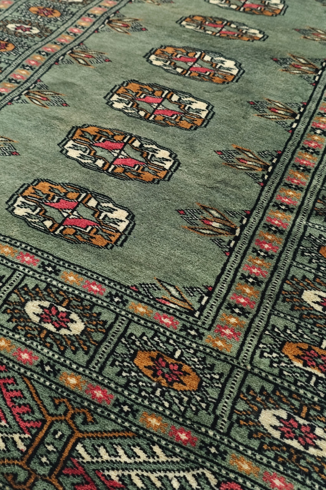 Sage and Gold Single Column Gül Bokhara, Hand-Knotted Wool Rug