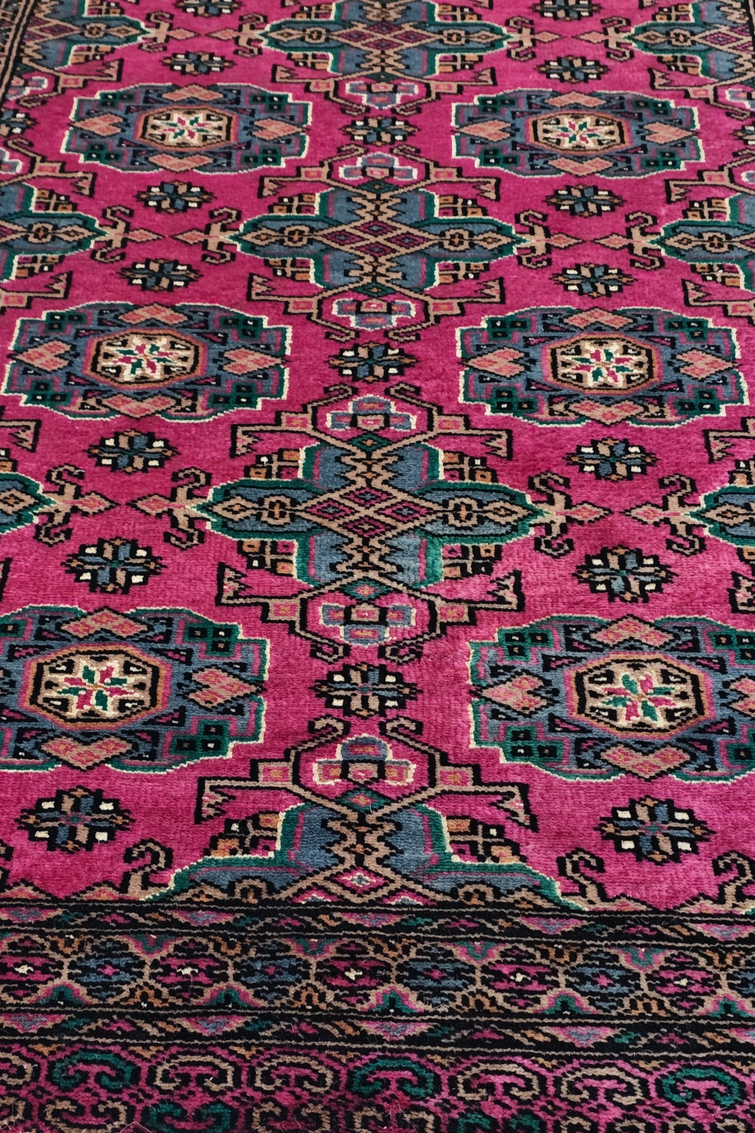 Magenta and Teal Jaldar Rosette Gül, Hand-Knotted Wool and Silk Rug