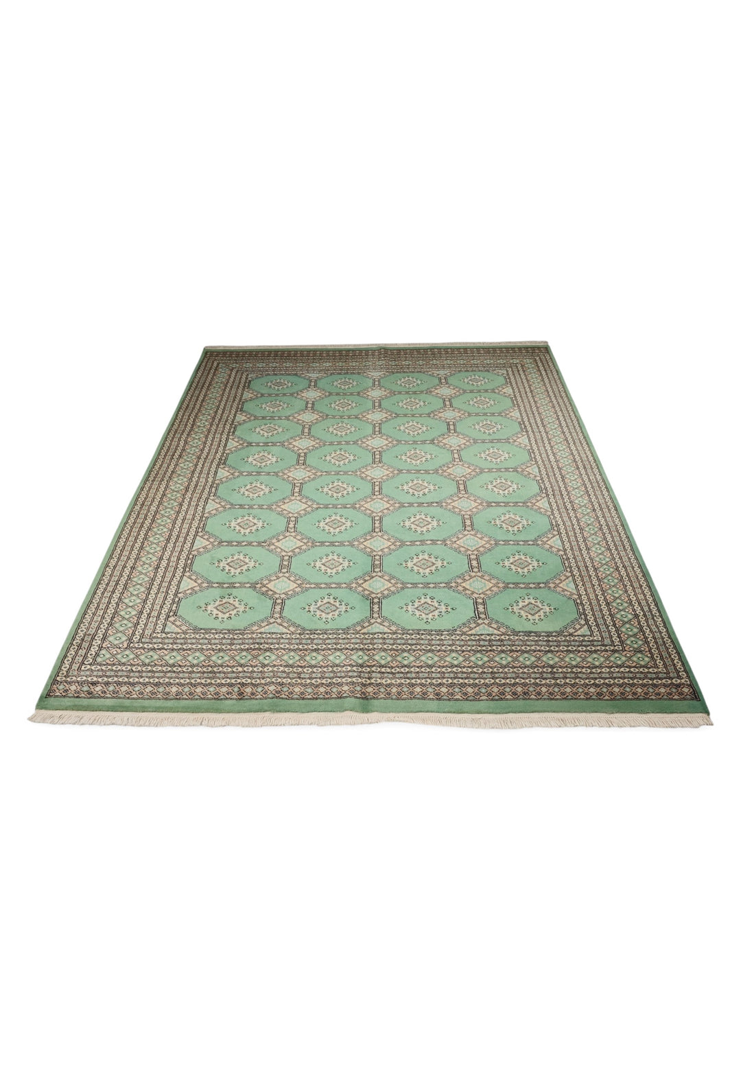 Jade Green and Cream Compartment Bokhara, Hand-Knotted Wool and Silk Rug