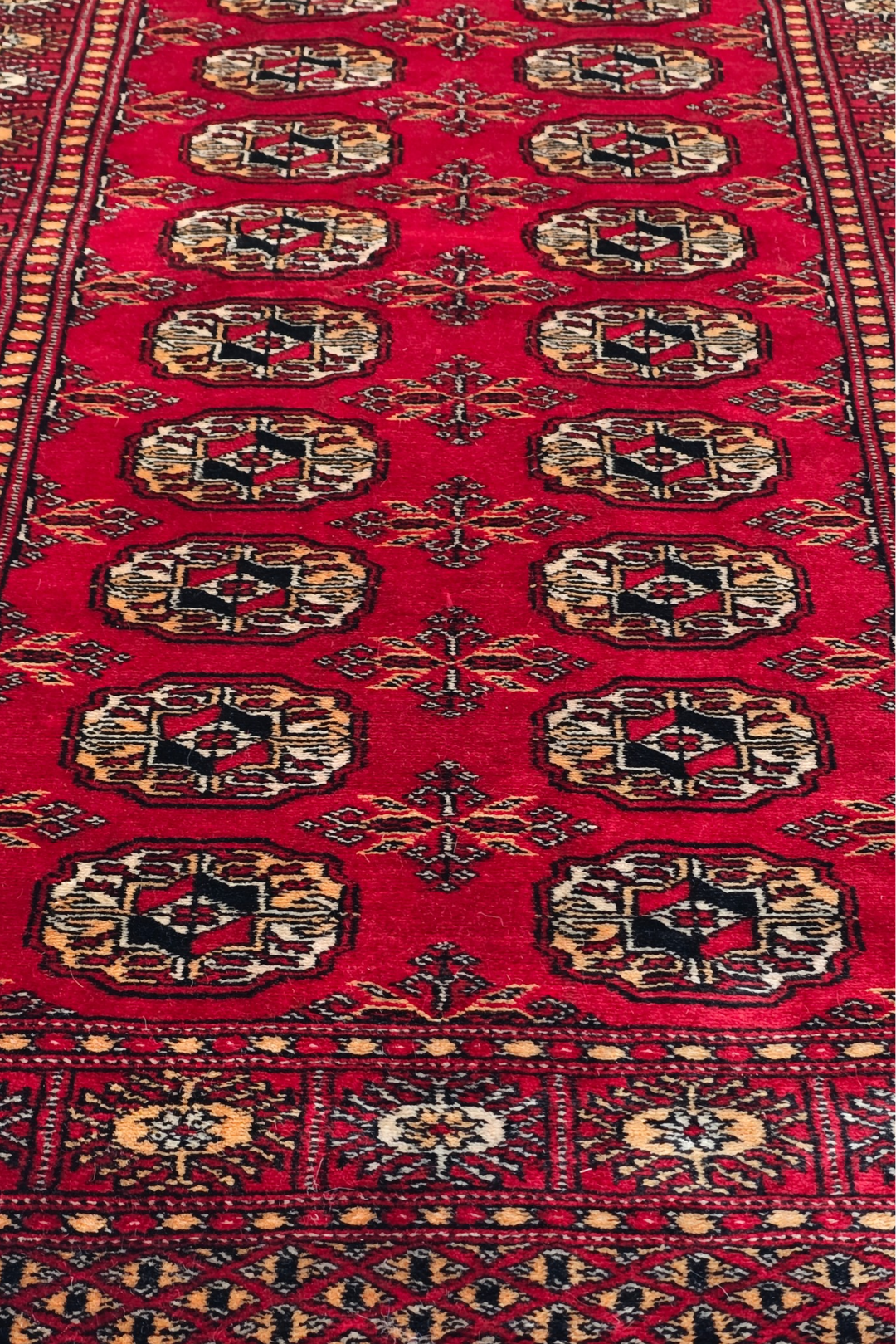 Bright Red and Gold Turkmen Gül Bokhara, Hand-Knotted Wool Rug