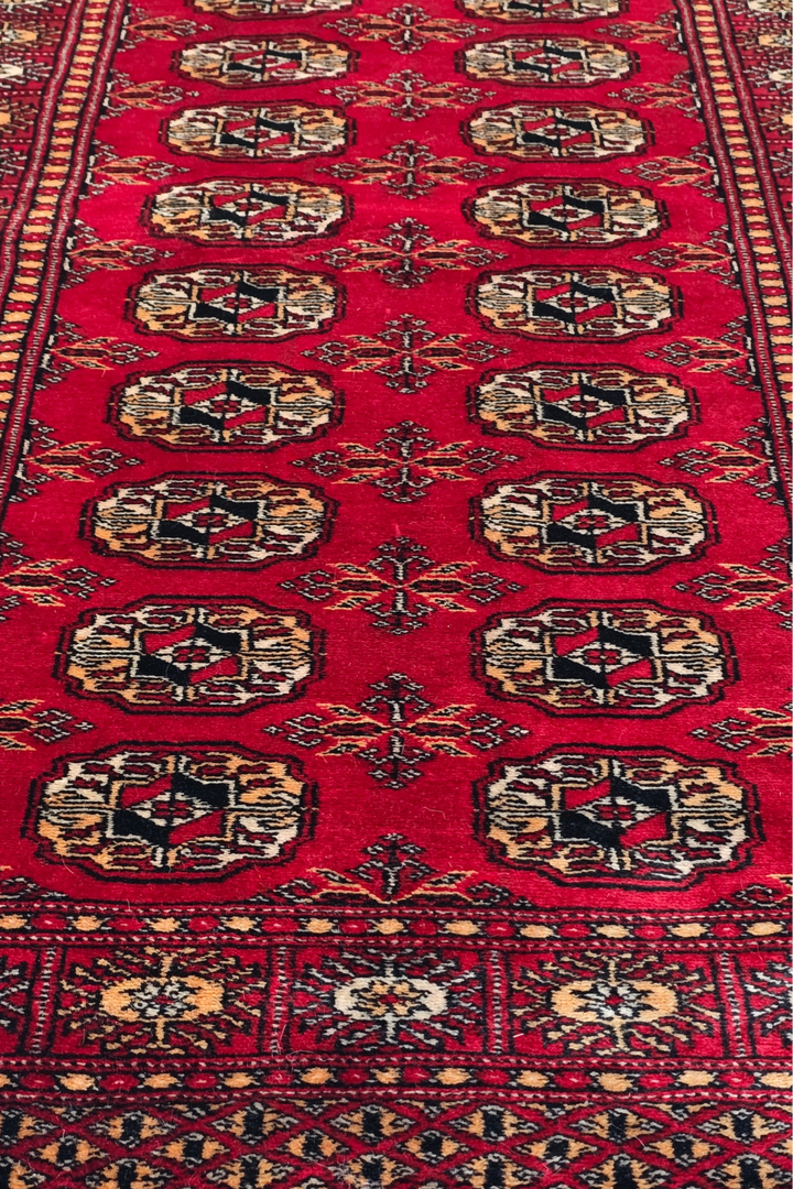 Bright Red and Gold Turkmen Gül Bokhara, Hand-Knotted Wool Rug