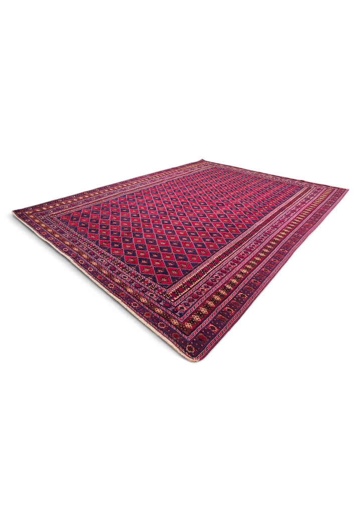 Crimson and Navy Diamond Lattice Kilim, Hand-Woven Wool