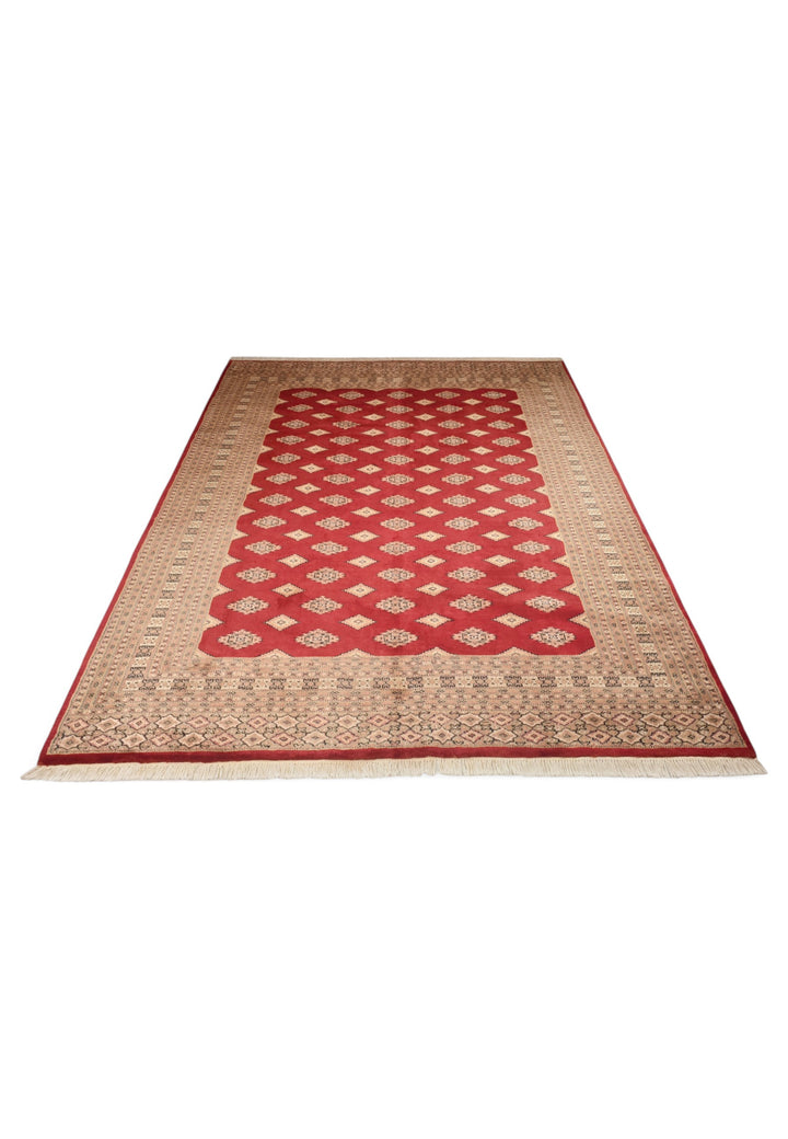 Oxblood and Tan Jaldar Alternating Diamond, Hand-Knotted Wool and Silk Rug