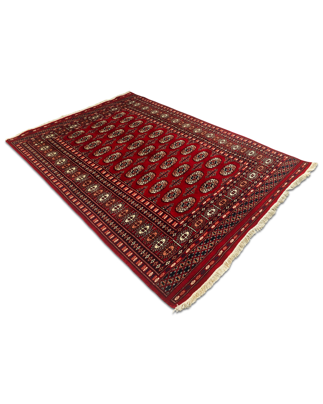 Oxblood Red Turkmen Gül Bokhara Rug, Hand-Knotted Pakistani Wool