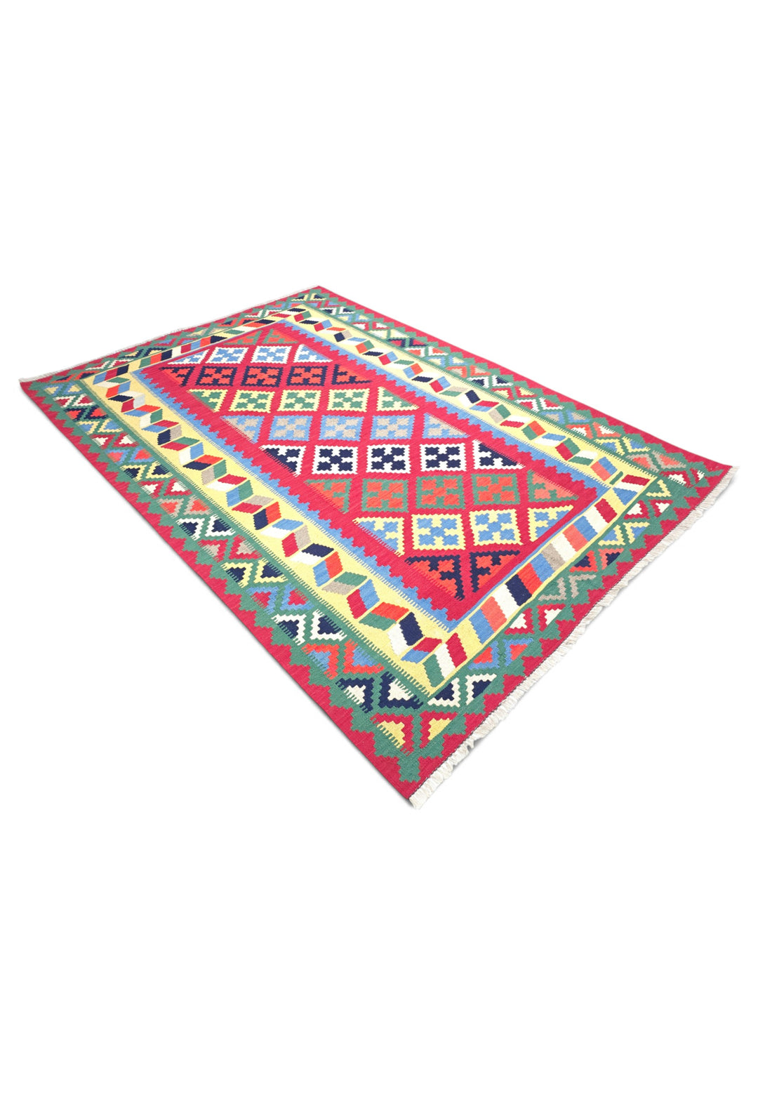 Cerise and Green Qashqai Medallion Kilim, Hand-Woven Wool