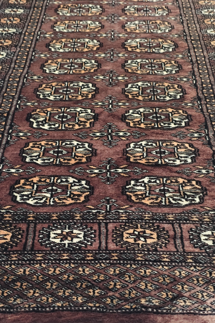 Taupe and Cream Turkmen Gül Bokhara, Hand-Knotted Wool Rug