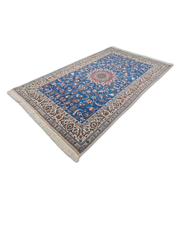 Cobalt Blue and Ivory Medallion Nain, Hand-Knotted Wool Rug
