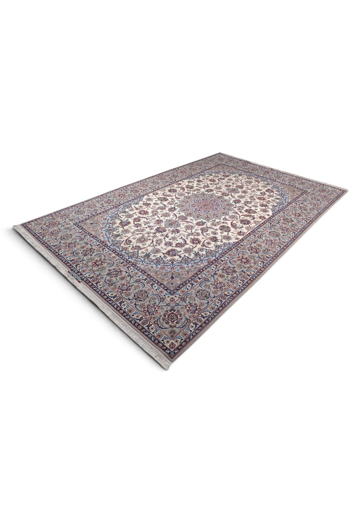 Ivory and Grey Medallion Yazdani Isfahan, Hand-Knotted Wool Rug