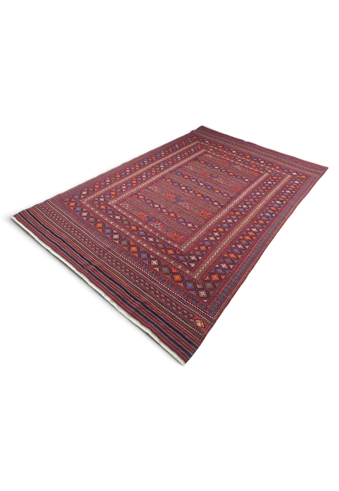 Rose Red and Orange Banded Kilim, Hand-Woven Wool