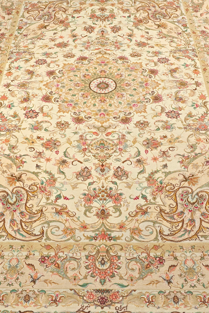 Cream and Gold Radiating Medallion Tabriz, Hand-Knotted Wool Rug
