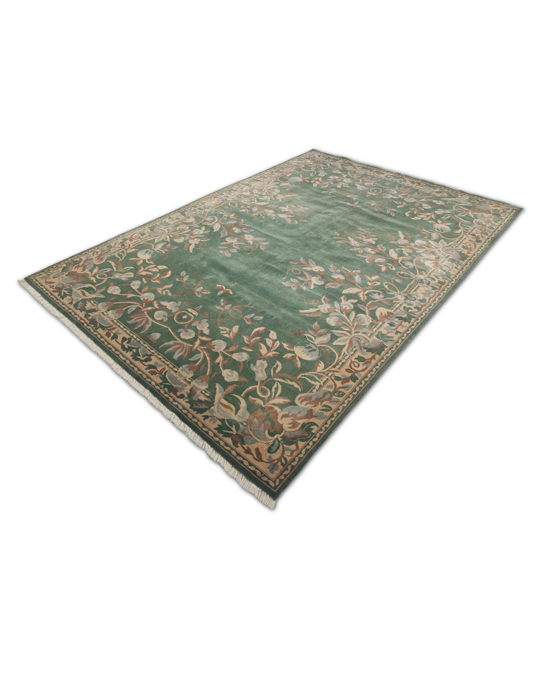 Green and Camel Gol Farang Floral, Hand-Knotted Wool Rug