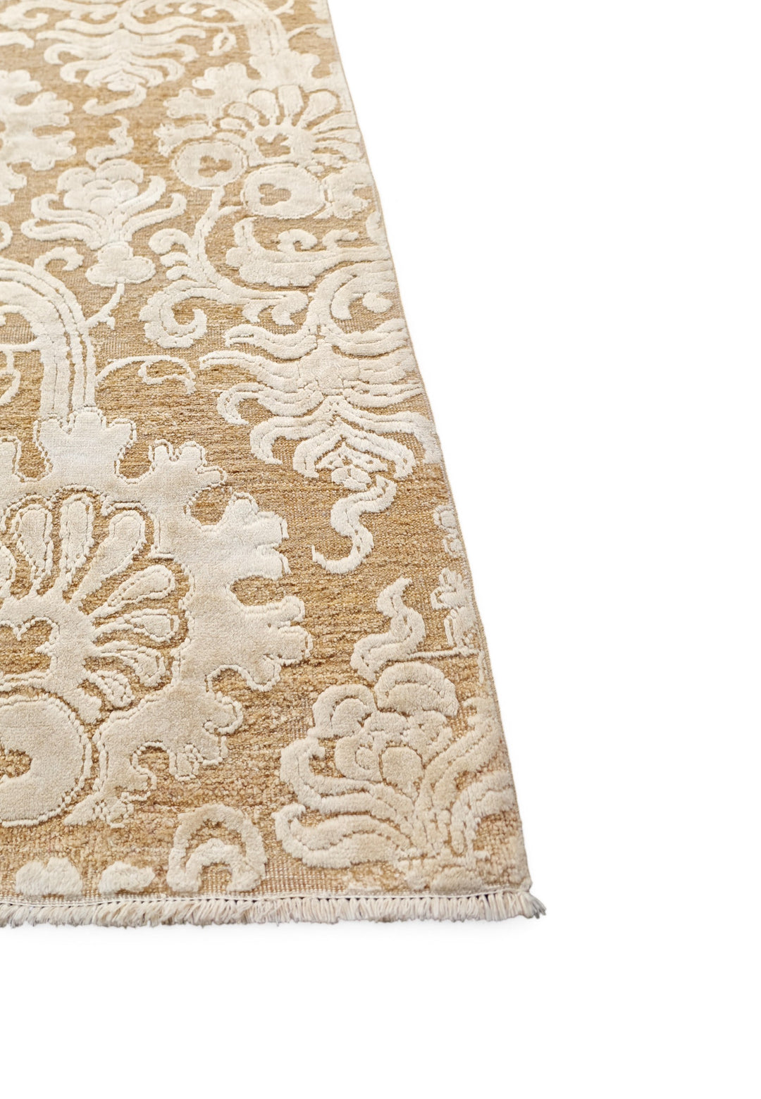 Ivory and Camel Damask Ghazni, Hand-Knotted Wool and Silk Rug
