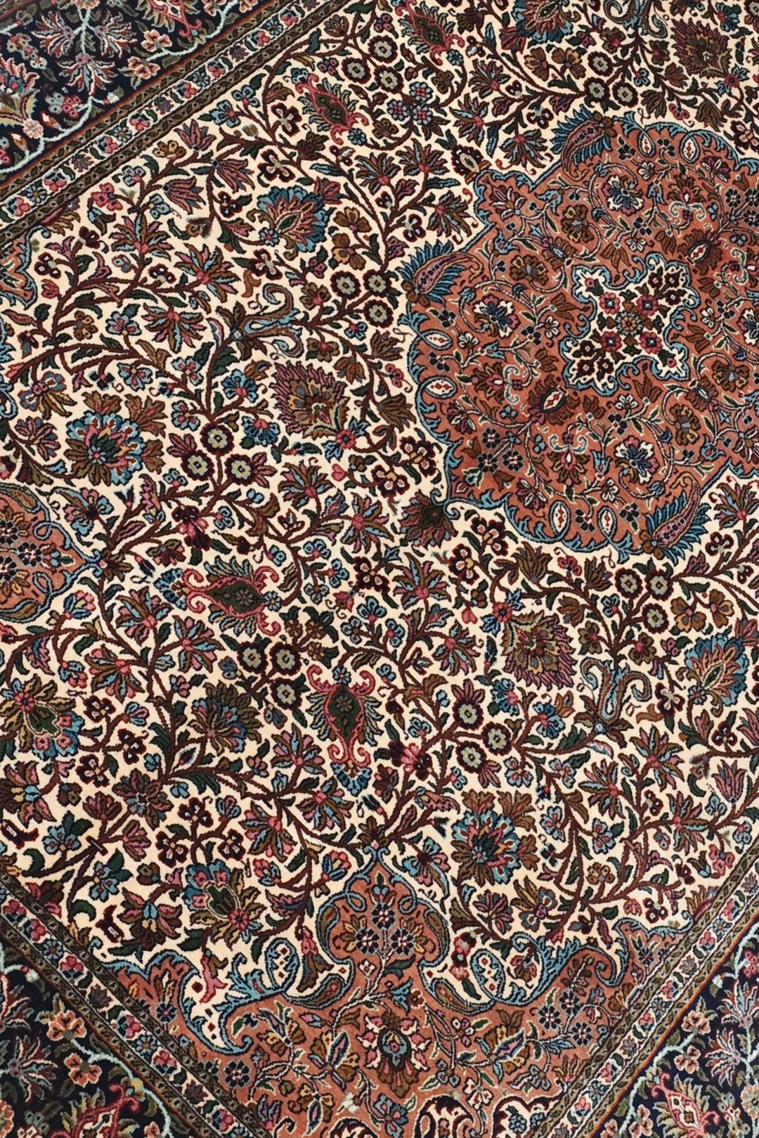 Ivory and Rust Rosette Medallion, Hand-Knotted Silk Rug