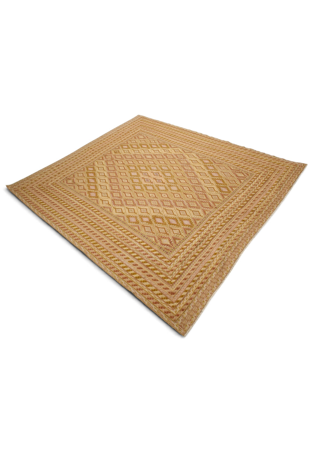 Gold and Cream Diamond Lattice Kilim, Hand-Woven Wool