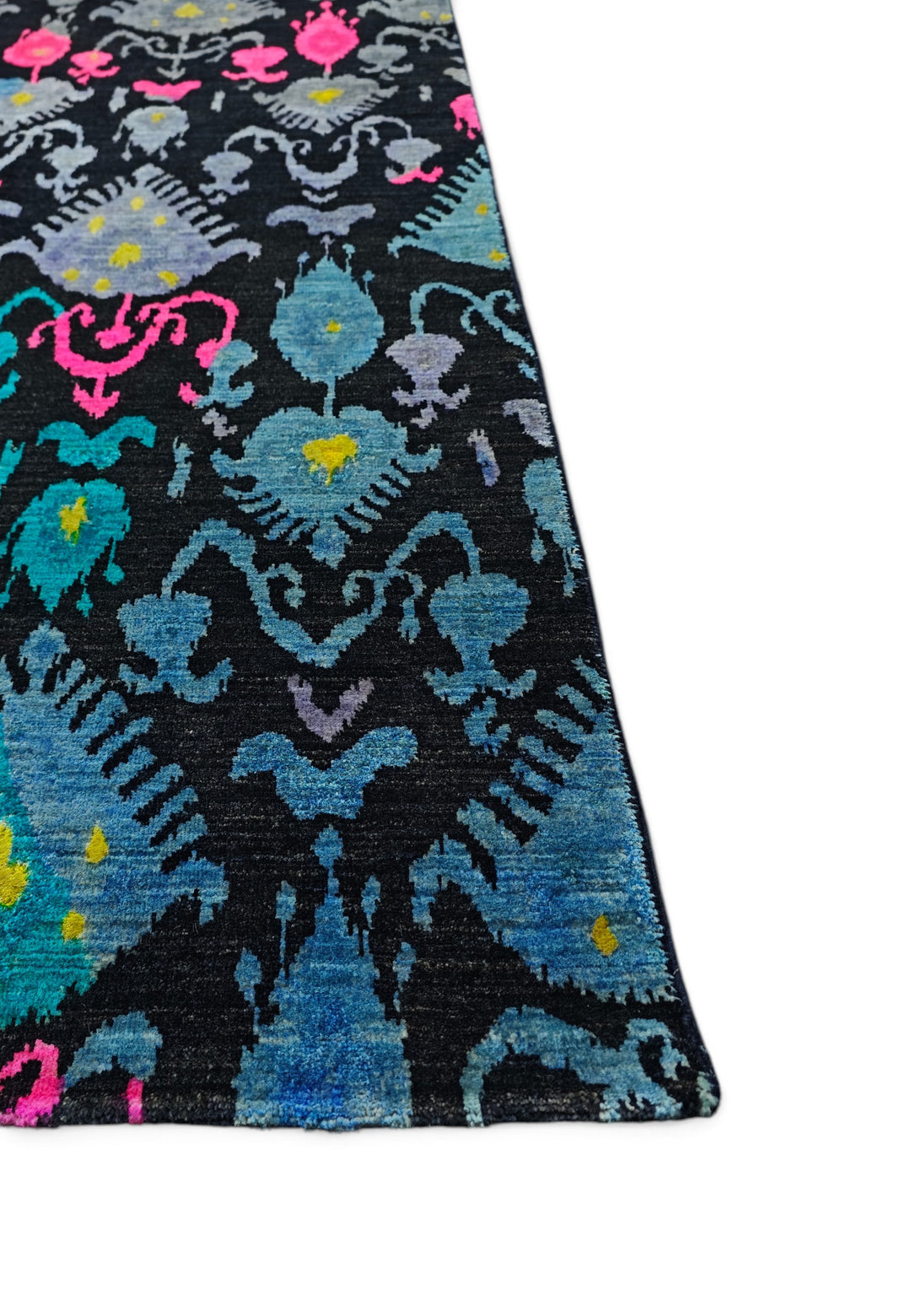 Indigo and Magenta Ikat Ghazni, Hand-Knotted Wool Rug