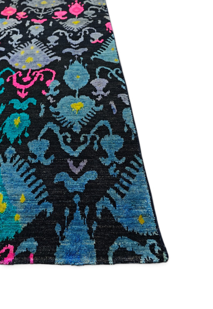 Indigo and Magenta Ikat Ghazni, Hand-Knotted Wool Rug