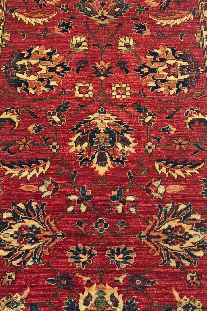 Red and Gold Palmette Qadeem Chobi, Hand-Knotted Wool Rug