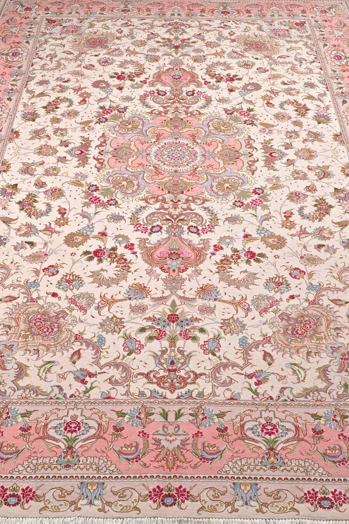 Cream and Rose Pink Medallion Tabriz, Hand-Knotted Wool Rug