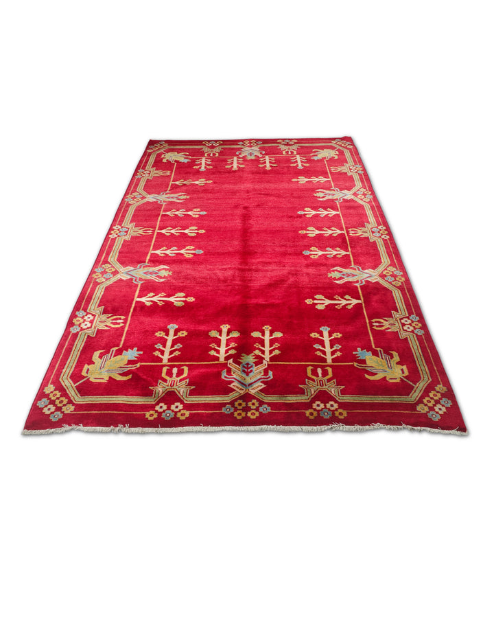 Deep Red and Cream Flowering Tree, Hand-Knotted Wool Rug