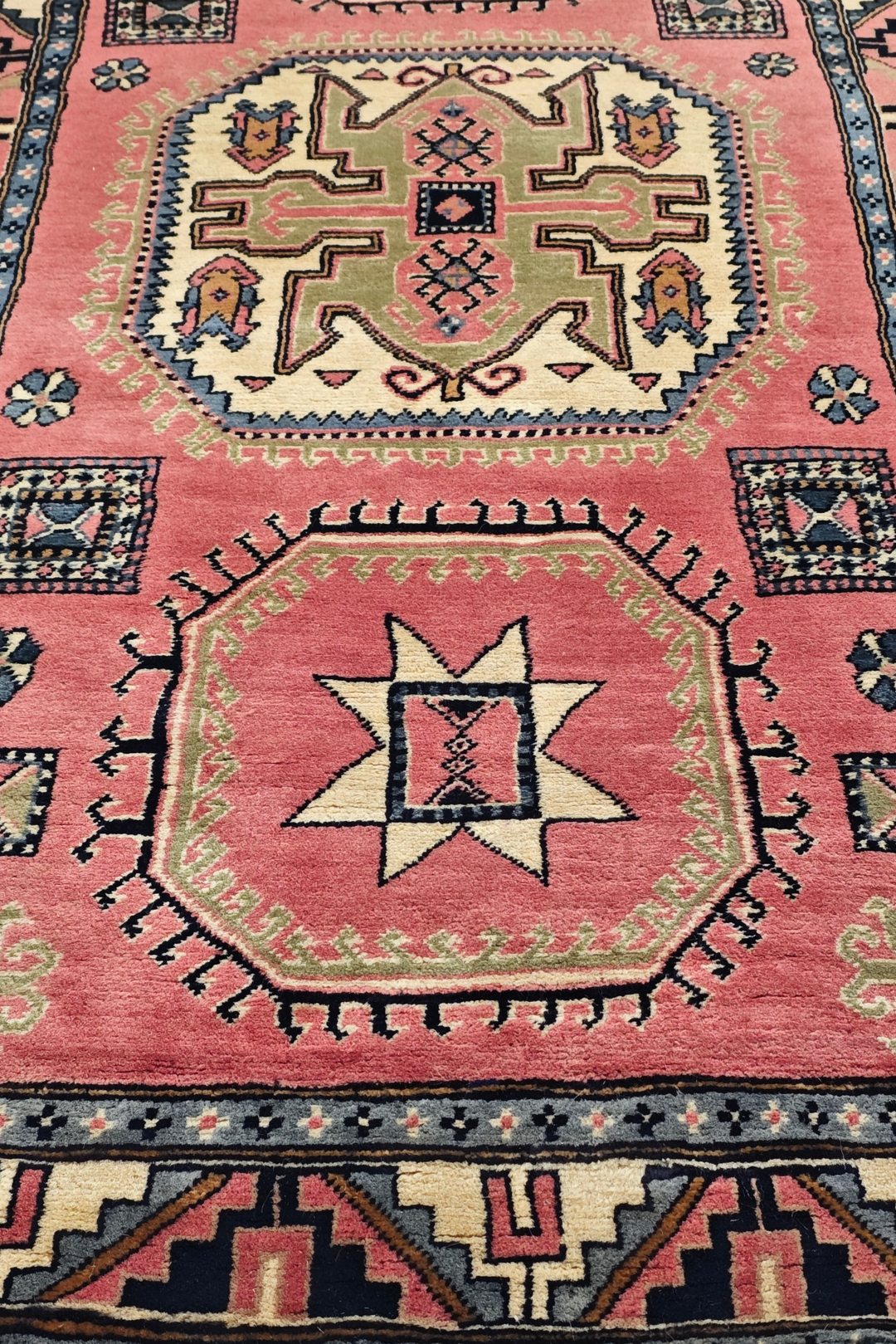 Rose and Ivory Star and Cross Medallion Kazak, Hand-Knotted Wool Rug