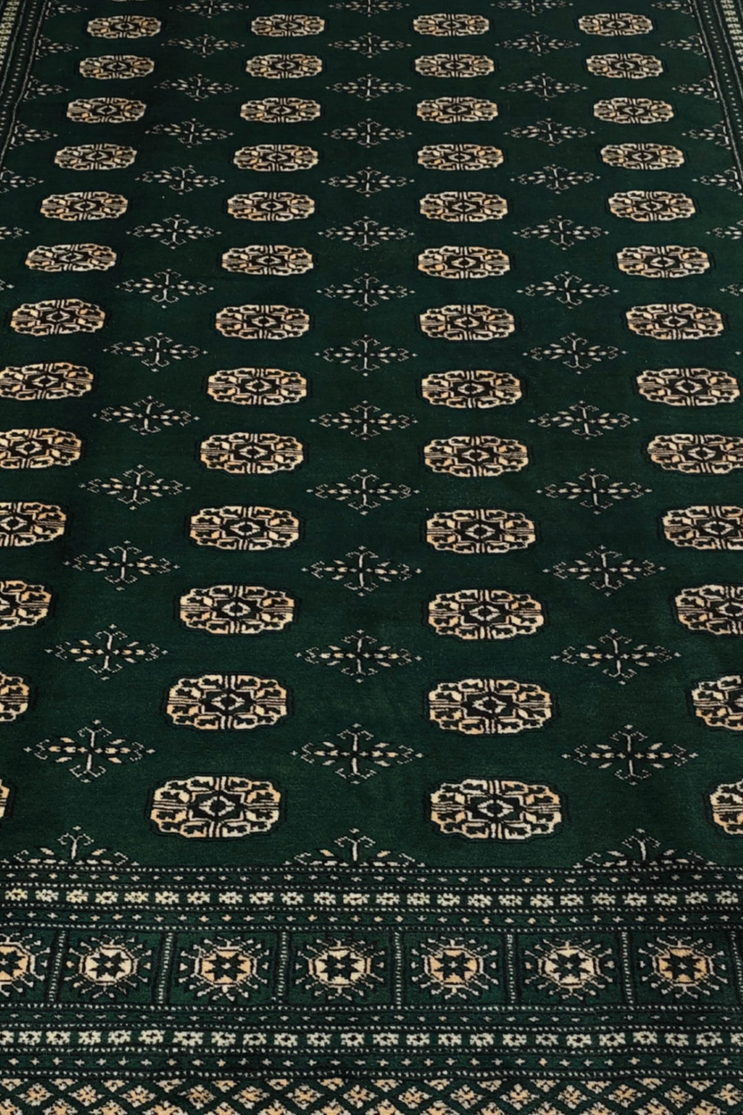 Forest Green Turkmen Gül Bokhara Rug, Hand-Knotted Pakistani Wool