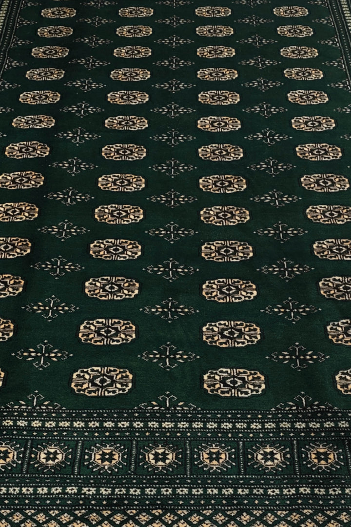 Forest Green Turkmen Gül Bokhara Rug, Hand-Knotted Pakistani Wool