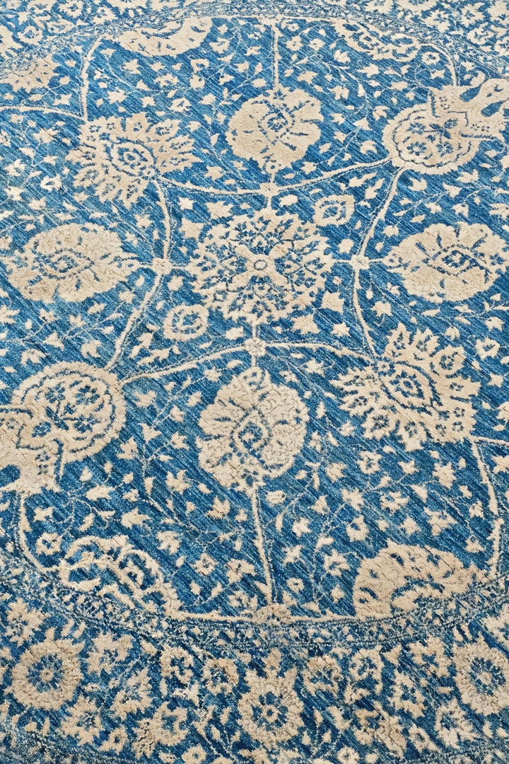 Slate Blue and Cream Radial Floral Round, Hand-Knotted Wool and Silk Rug