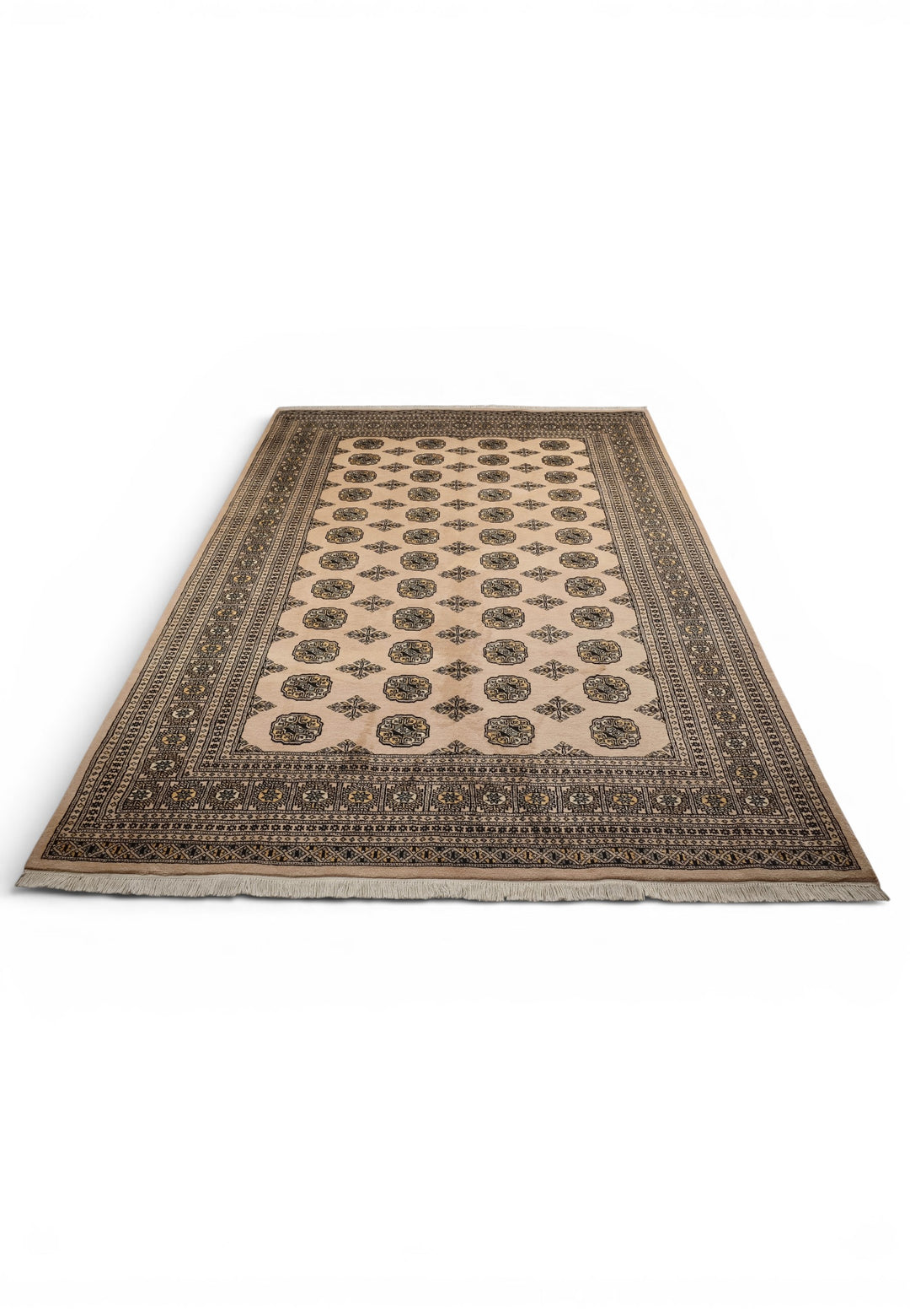 Sandy Beige &amp; Black Turkmen Gül Bokhara Rug, Hand-Knotted Pakistani Wool