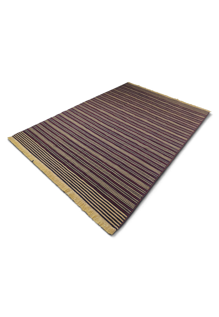 Aubergine and Wheat Striped Kilim, Hand-Woven Wool