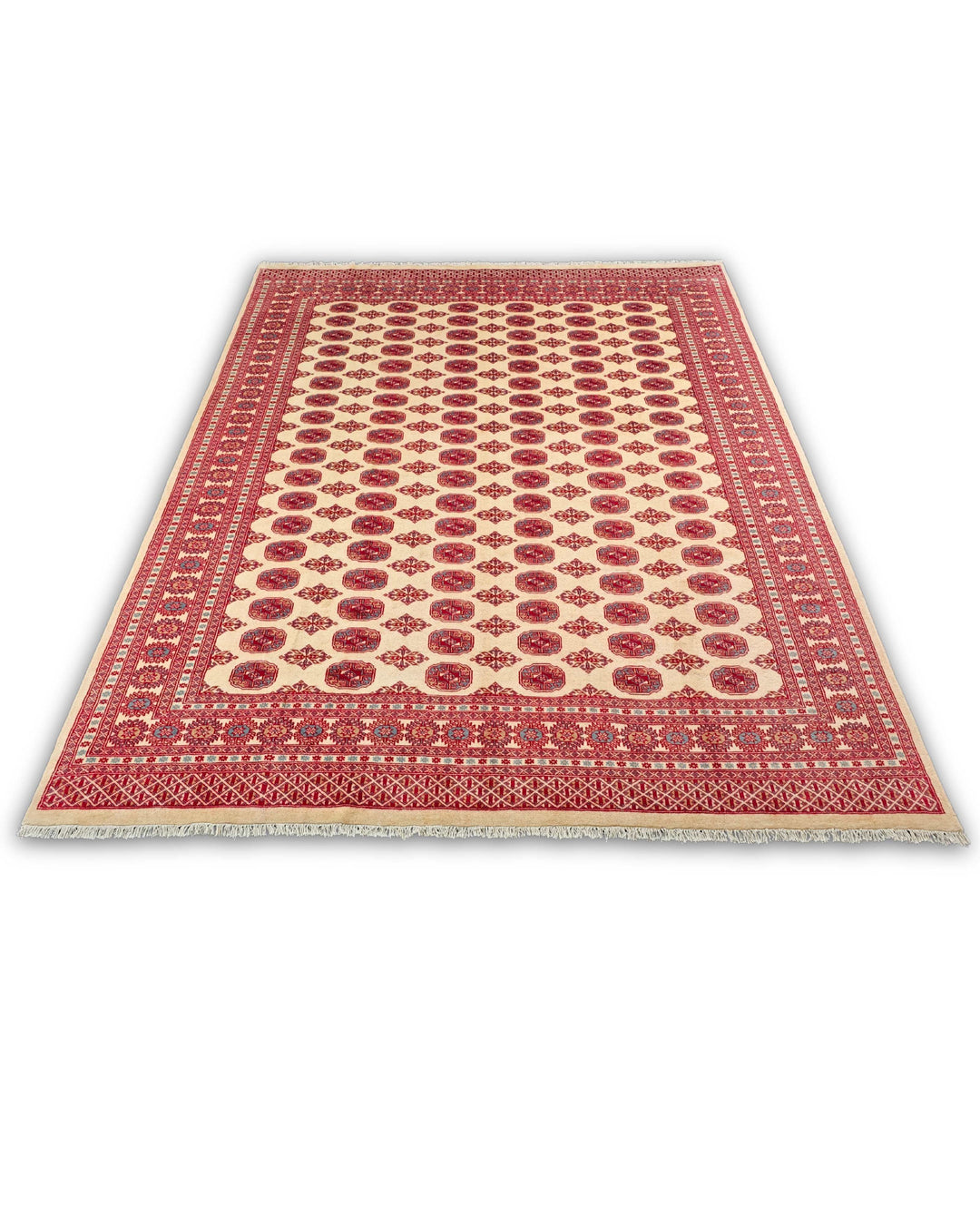 Cream &amp; Red Turkmen Gül Bokhara Rug, Hand-Knotted Pakistani Wool
