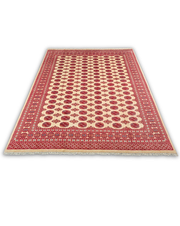 Cream &amp; Red Turkmen Gül Bokhara Rug, Hand-Knotted Pakistani Wool