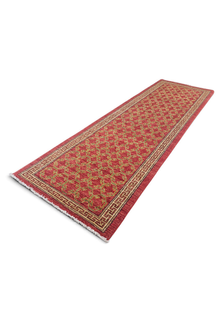 Brick Red and Camel Meander Lattice, Hand-Knotted Wool Rug