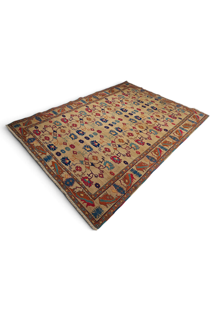 Camel Gold and Rust Palmette Kilim, Hand-Woven Wool