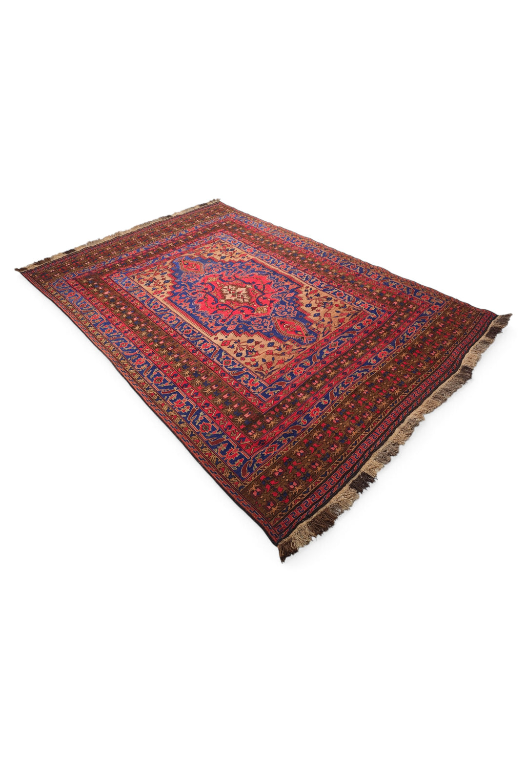 Scarlet and Cobalt Medallion Kilim, Hand-Woven Wool