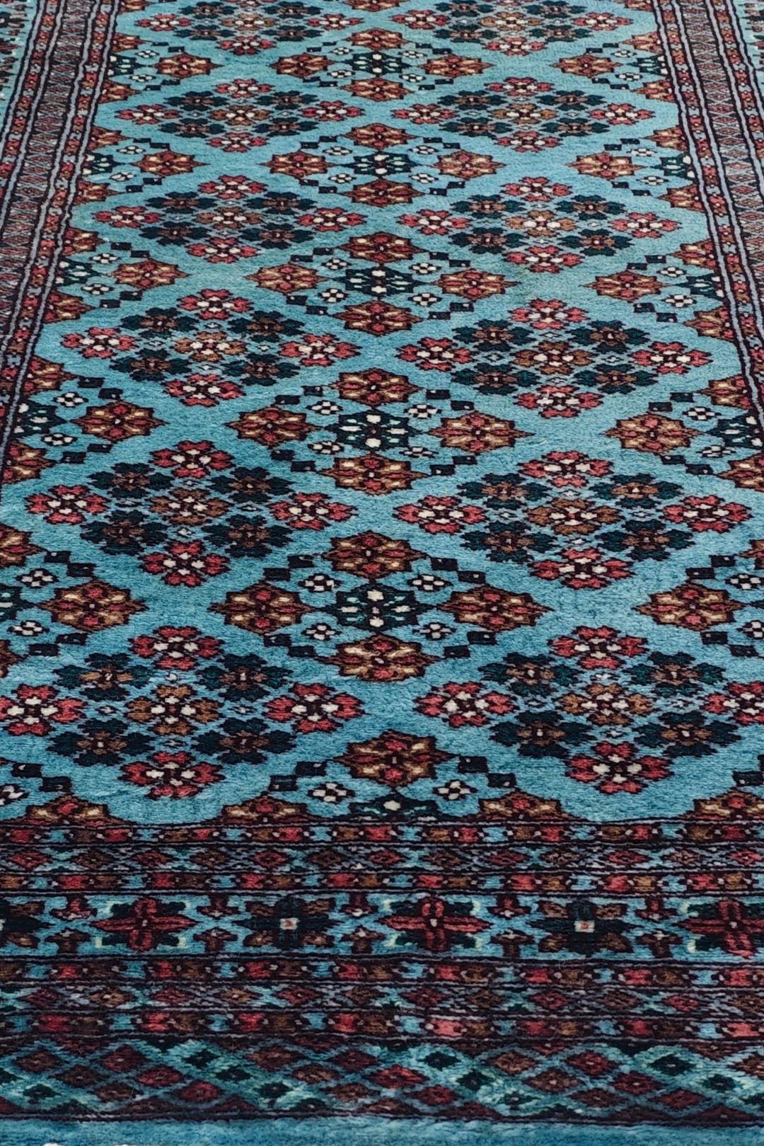 Turquoise and Rose Polychrome Lattice Jaldar, Hand-Knotted Wool Rug