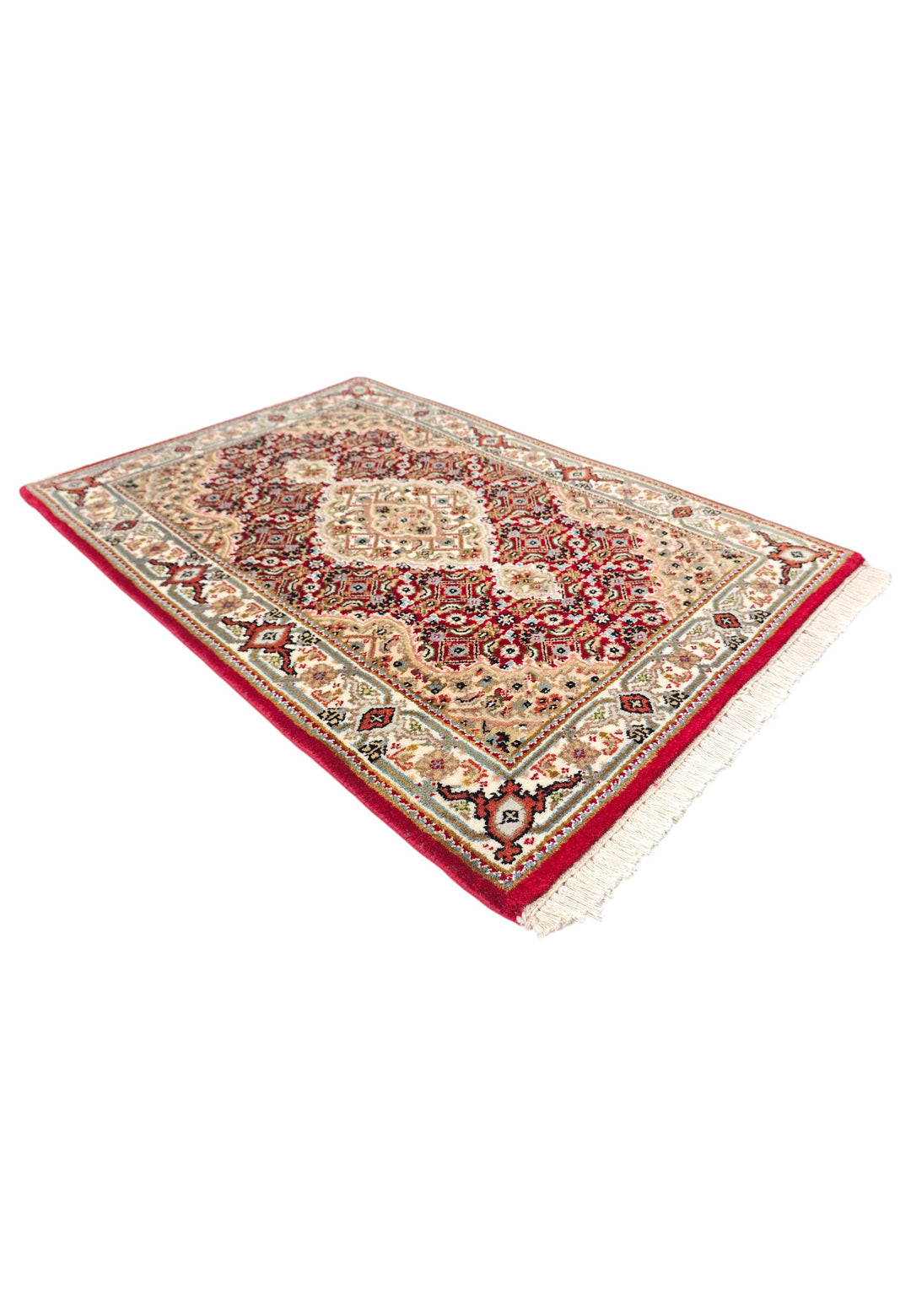 Brick Red and Sandstone Mahi Medallion Tabriz, Hand-Knotted Wool Rug