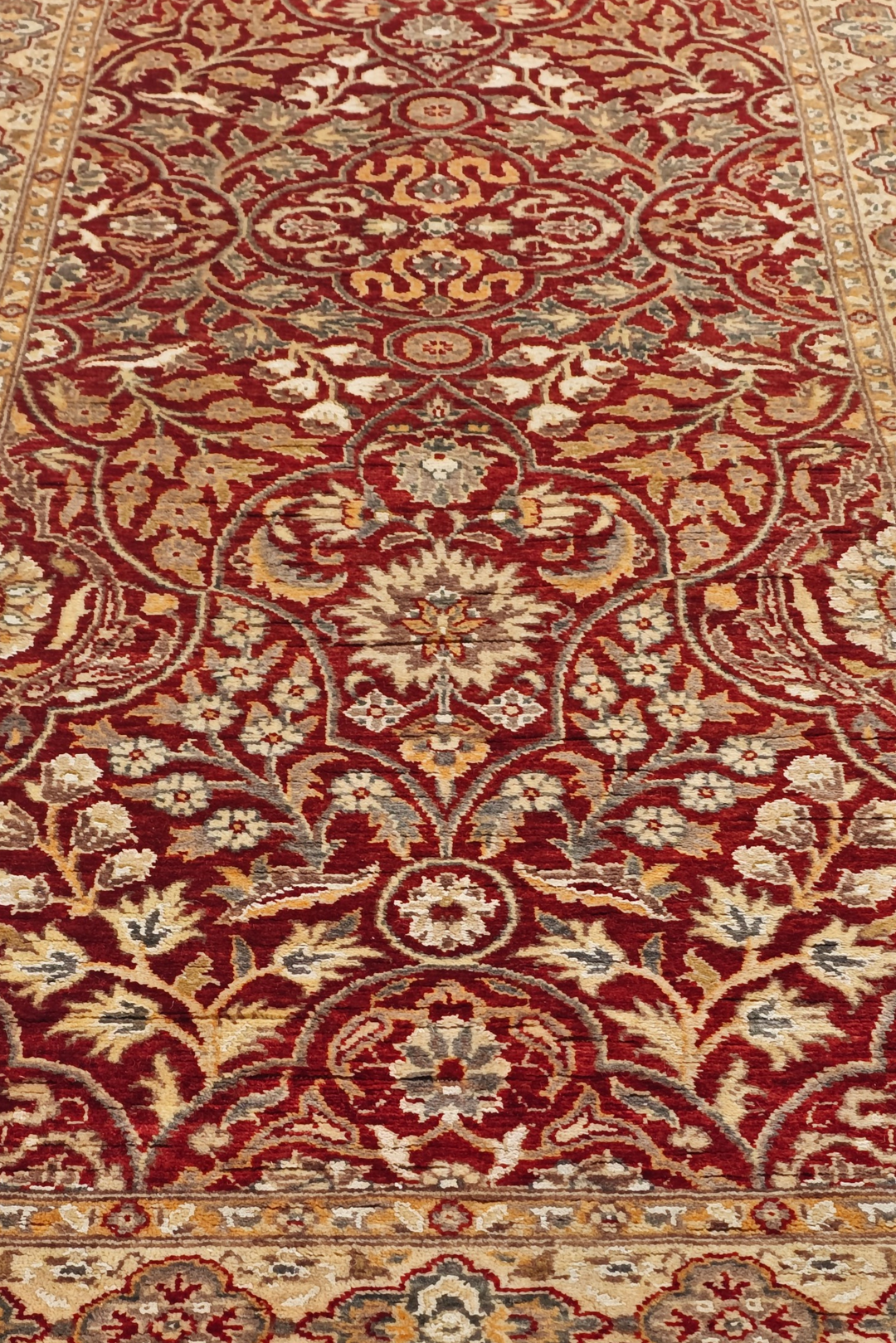 Deep Red and Cream Arabesque Lattice, Hand-Knotted Wool and Silk Rug